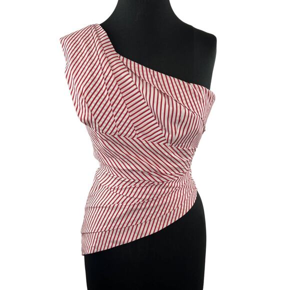 Petersyn NYC Red White Striped One Shoulder 100% Cotton Asymmetrical Blouse XS - Picture 1 of 7